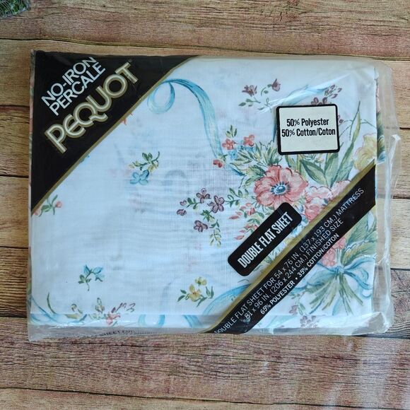 Pequot No-Iron Percale Double Flat Sheet Floral New Vintage - Picture 2 of 6